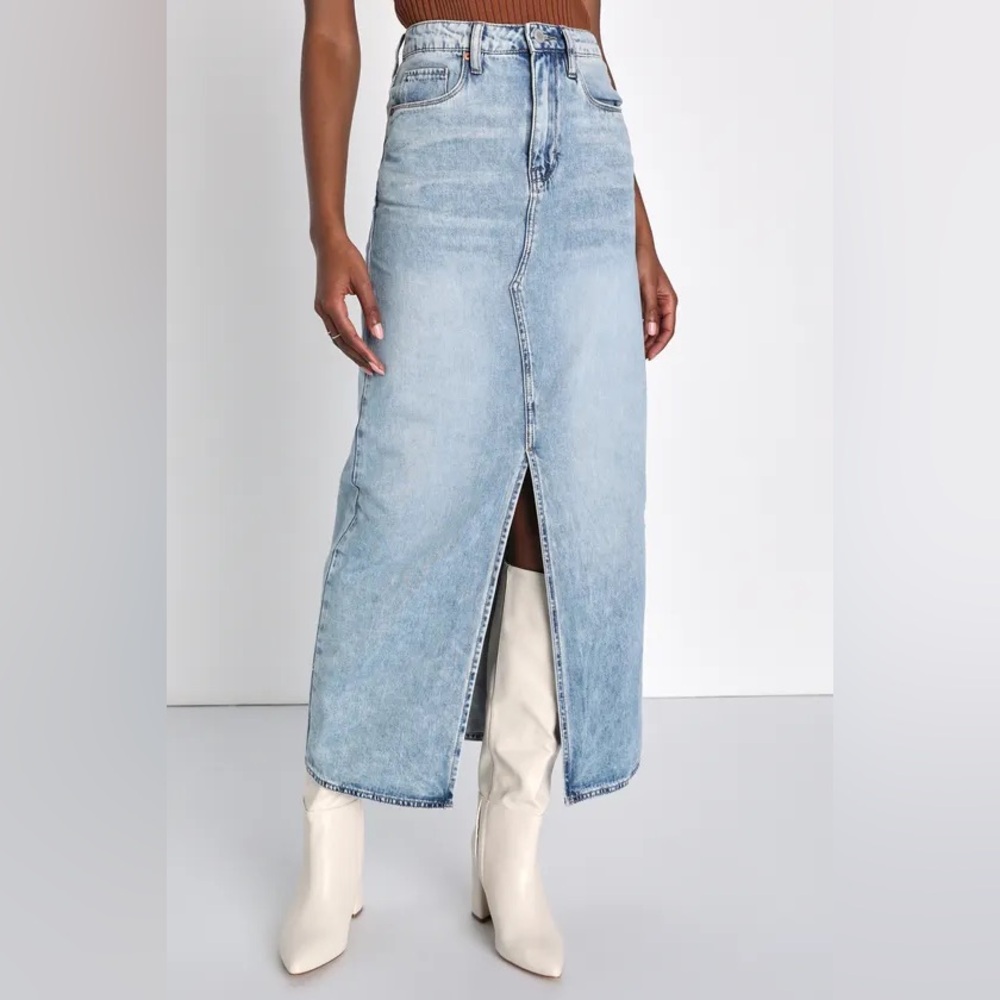 Blank NYC Light Wash Denim Maxi Skirt with Front Slit